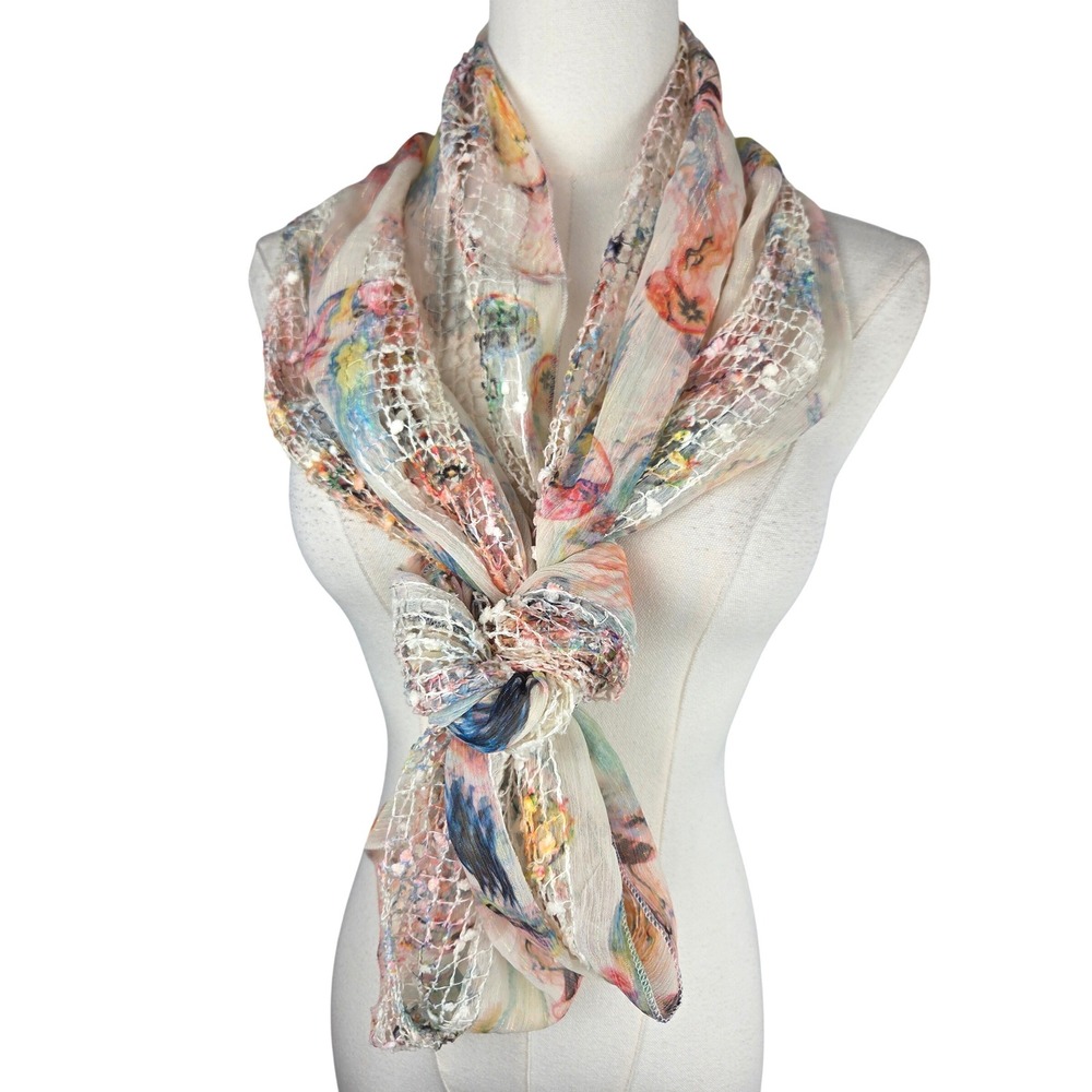 Unbranded Infinity Scarf Multicolor Floral Metallic Open Knit Mesh Artsy Pastel